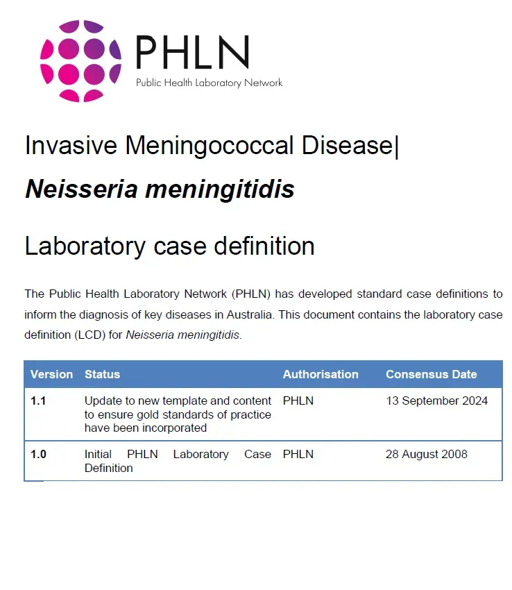First page of laboratory case definition document