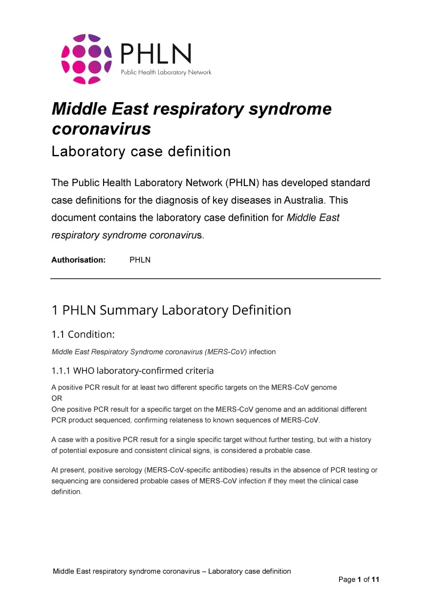 First page of laboratory case definition document