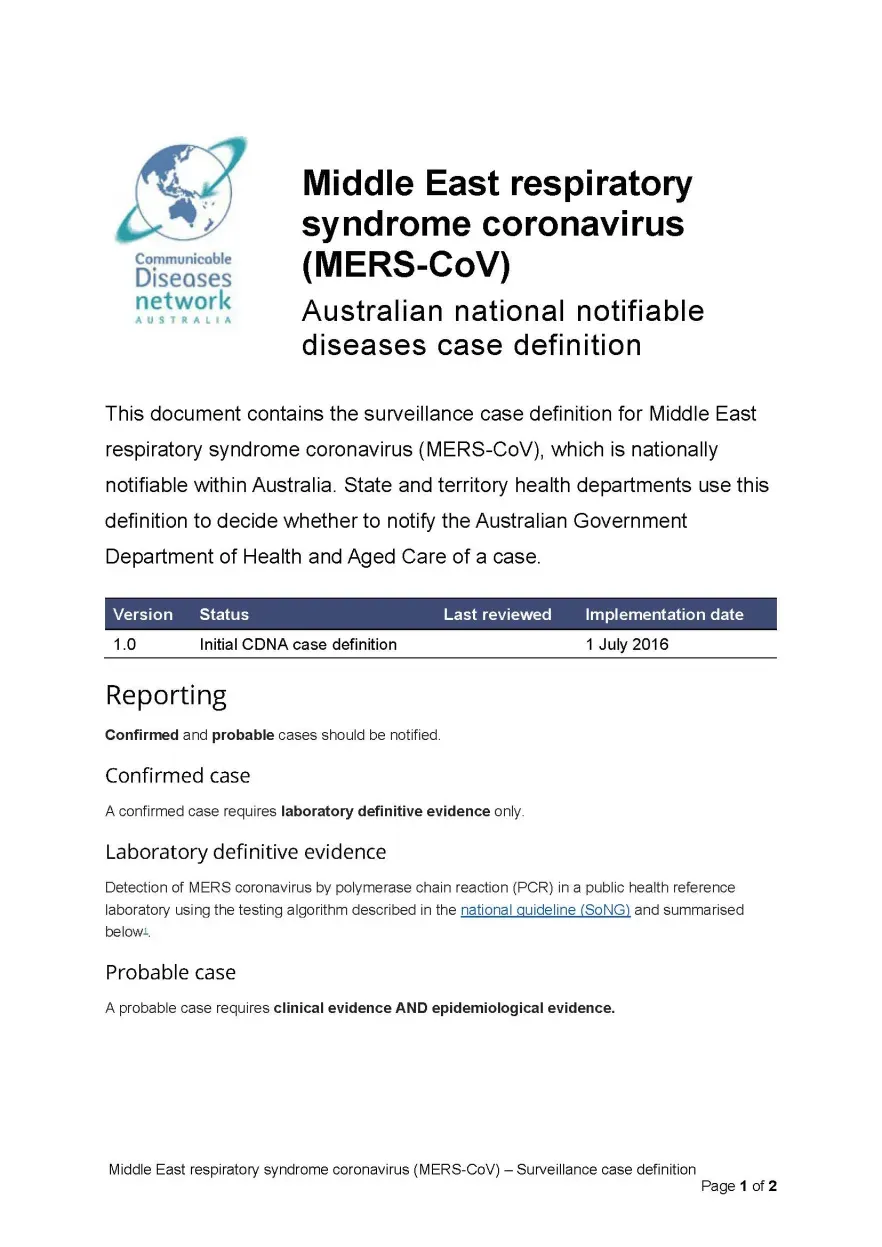 First page of surveillance case definition document
