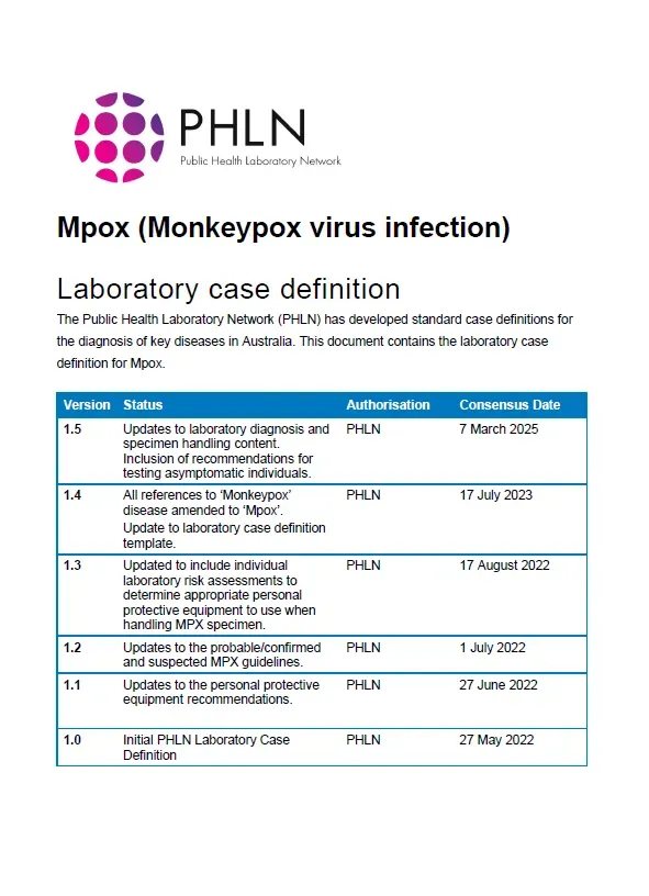 First page of laboratory case definition document