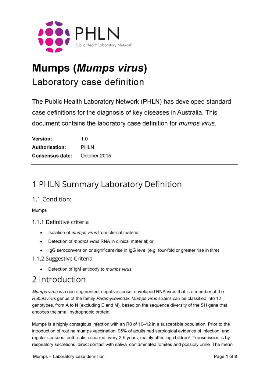 First page of laboratory case definition document