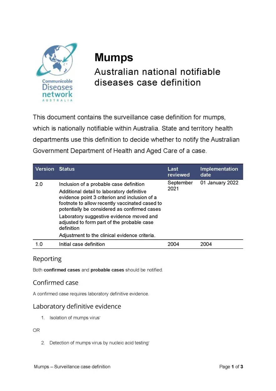 First page of surveillance case definition document