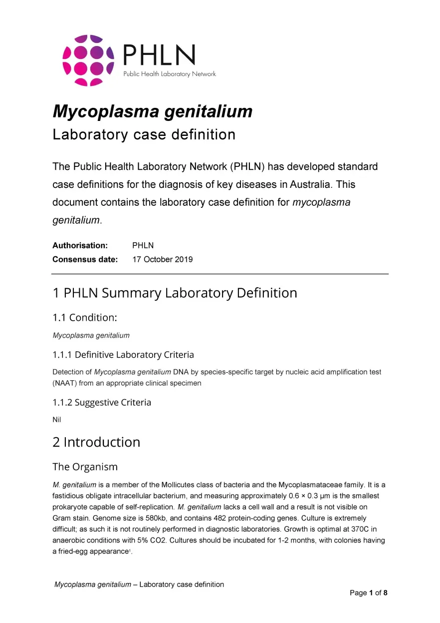 First page of laboratory case definition document