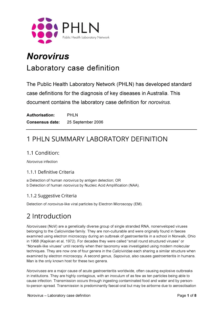 First page of laboratory case definition document