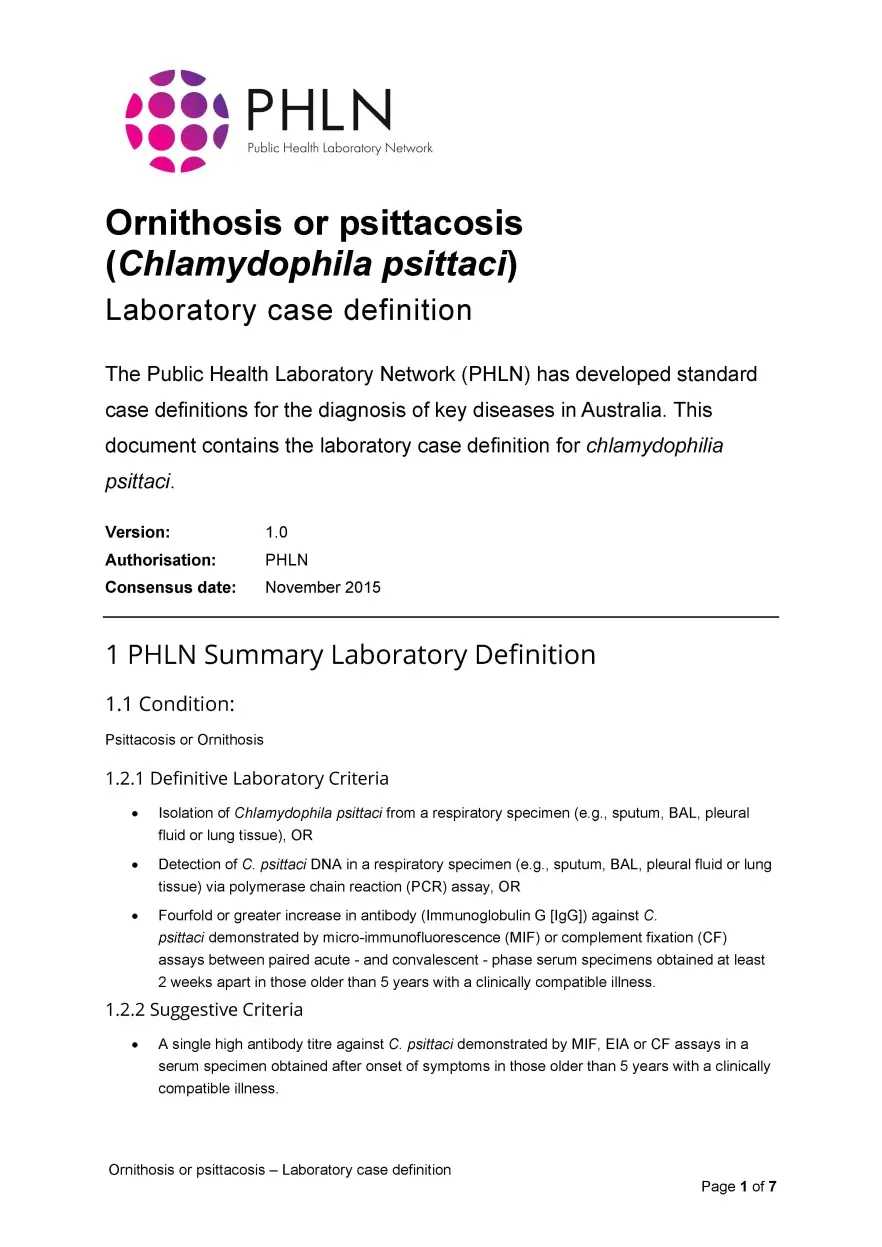 First page of laboratory case definition document