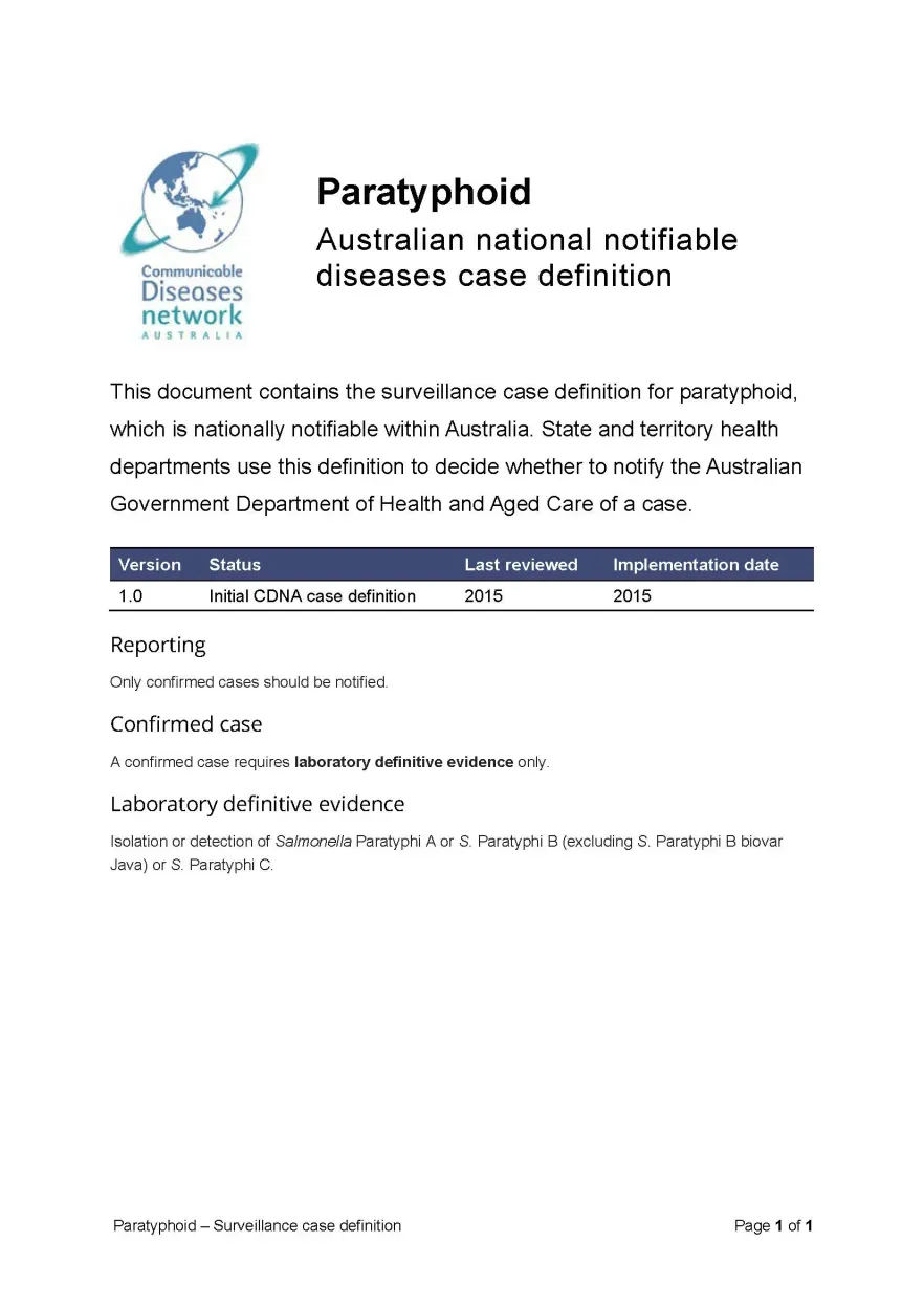 First page of surveillance case definition document