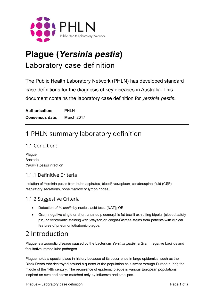 First page of laboratory case definition document