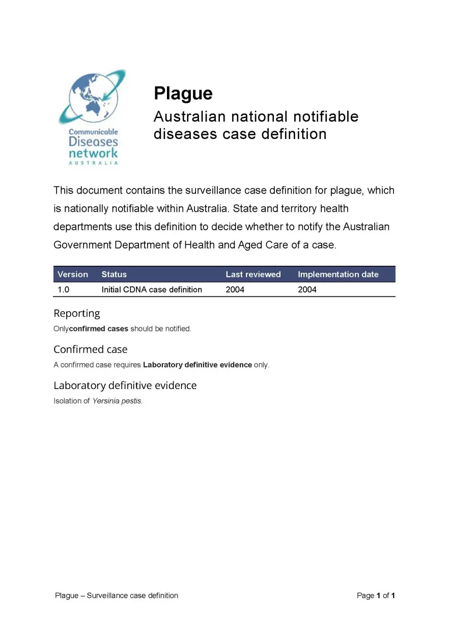 First page of surveillance case definition document