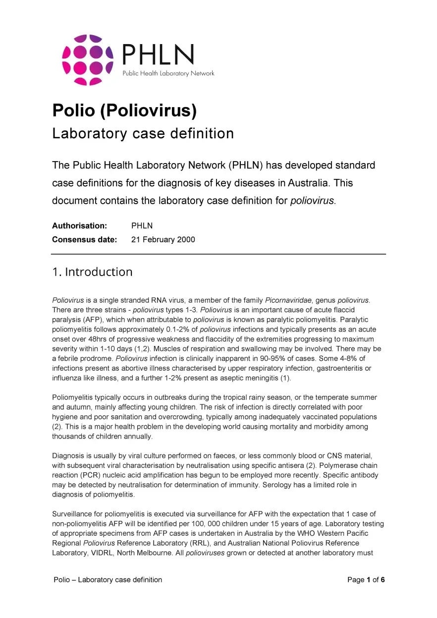 First page of laboratory case definition document