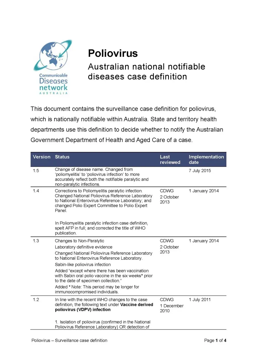 First page of surveillance case definition document