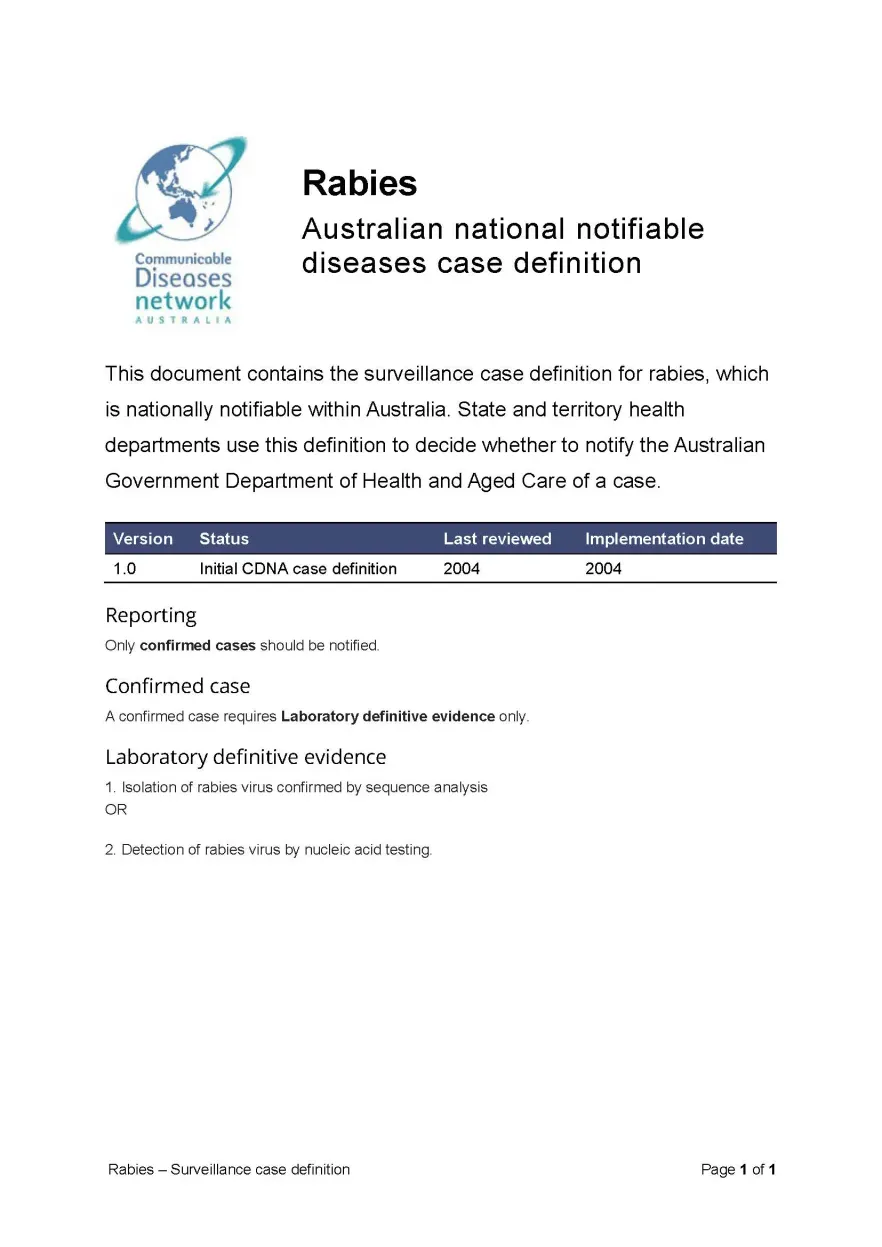 First page of surveillance case definition document