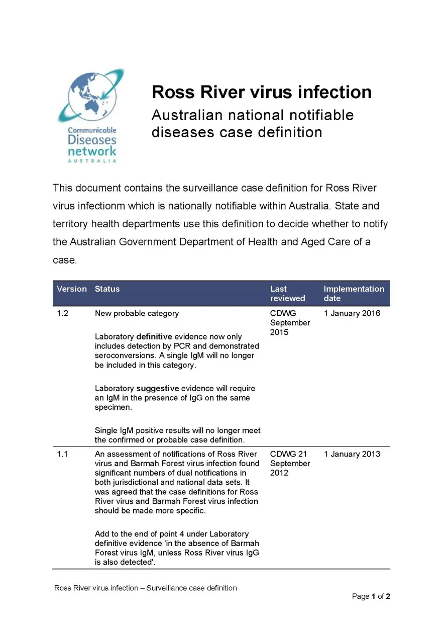 First page of surveillance case definition document