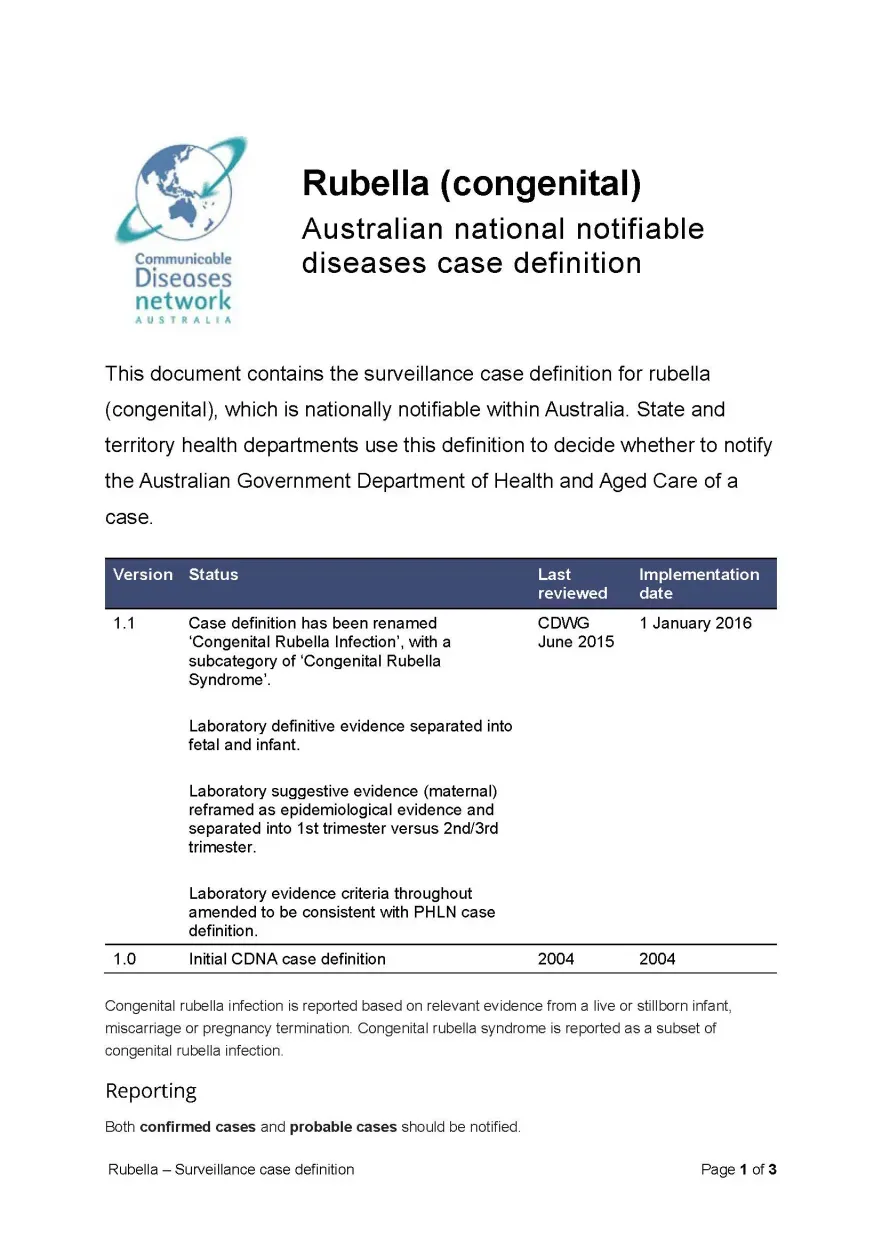 First page of surveillance case definition document