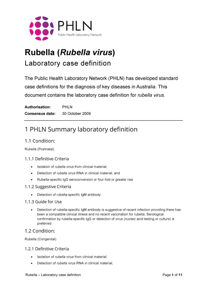 First page of laboratory case definition document