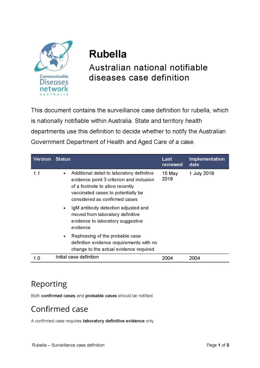 First page of surveillance case definition document