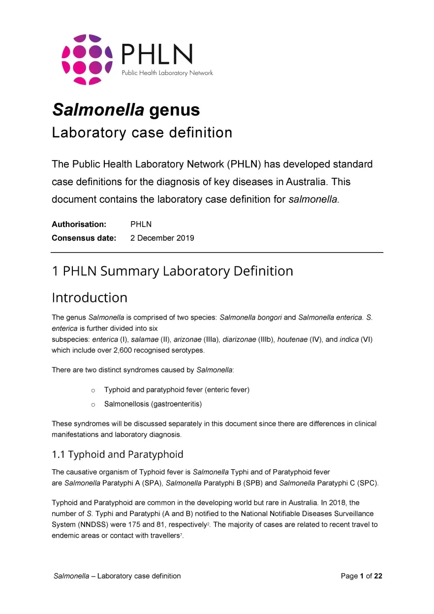 First page of laboratory case definition document