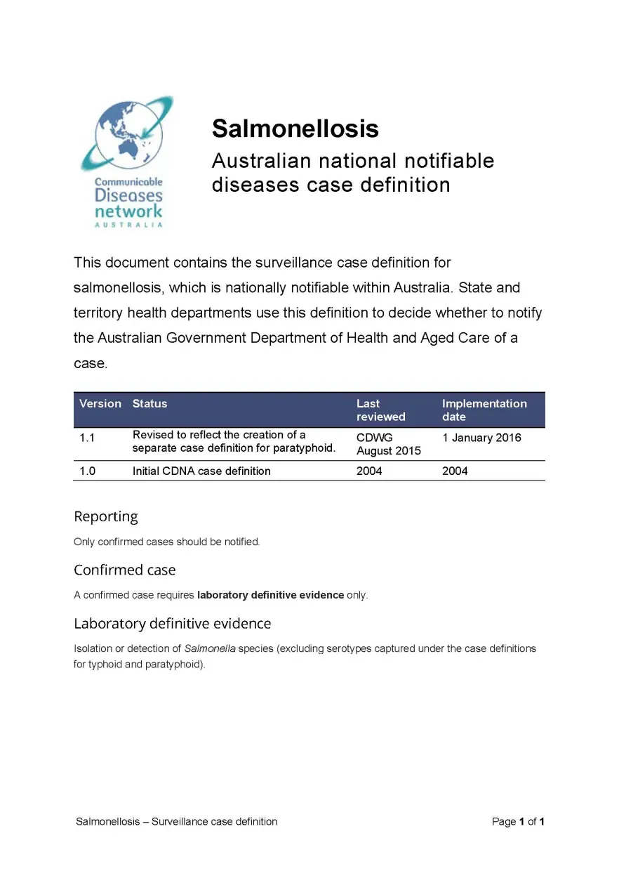 First page of surveillance case definition document
