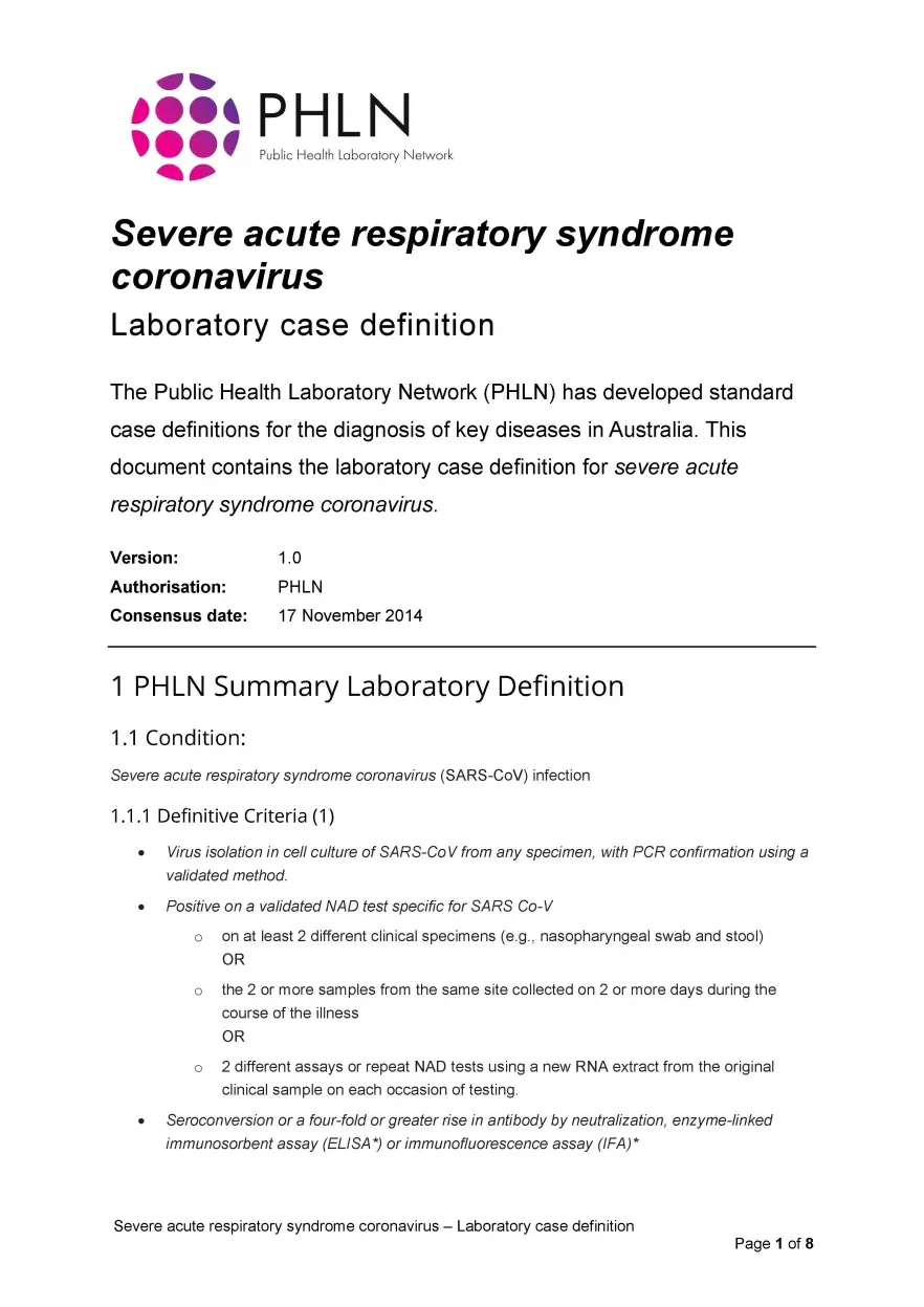 First page of laboratory case definition document