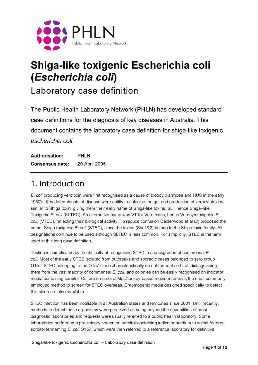 First page of laboratory case definition document