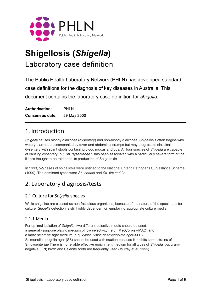 First page of laboratory case definition document