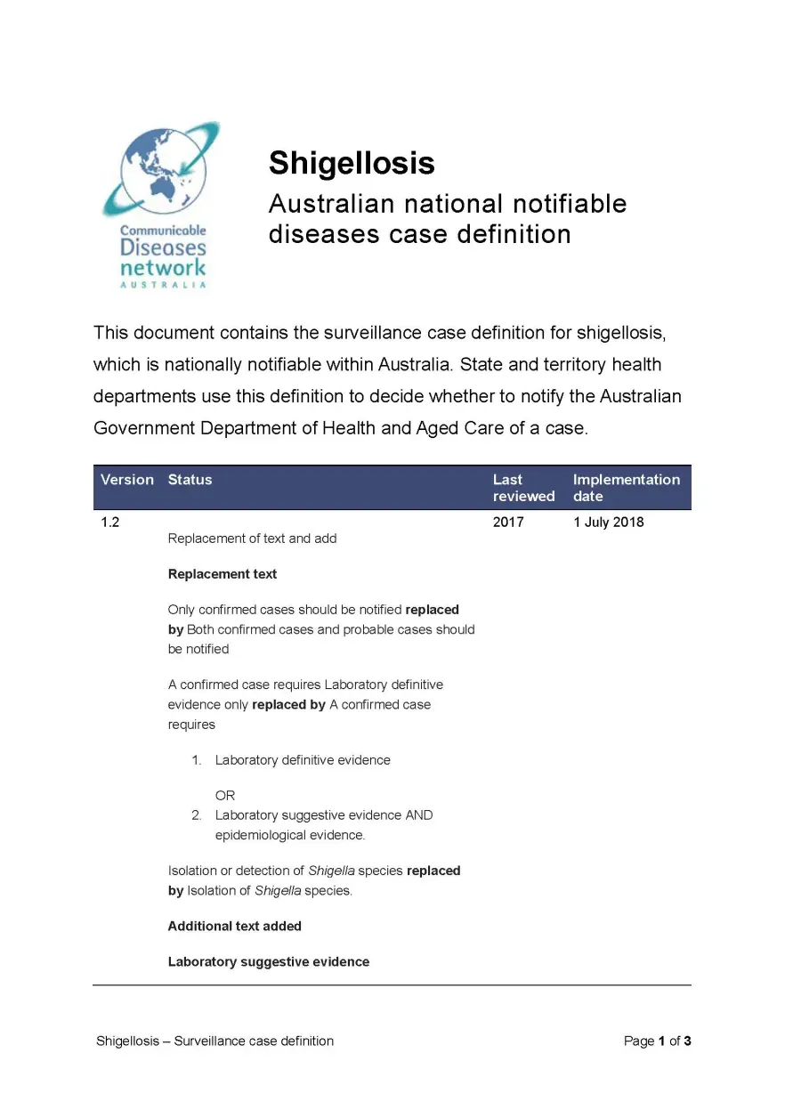 First page of surveillance case definition document