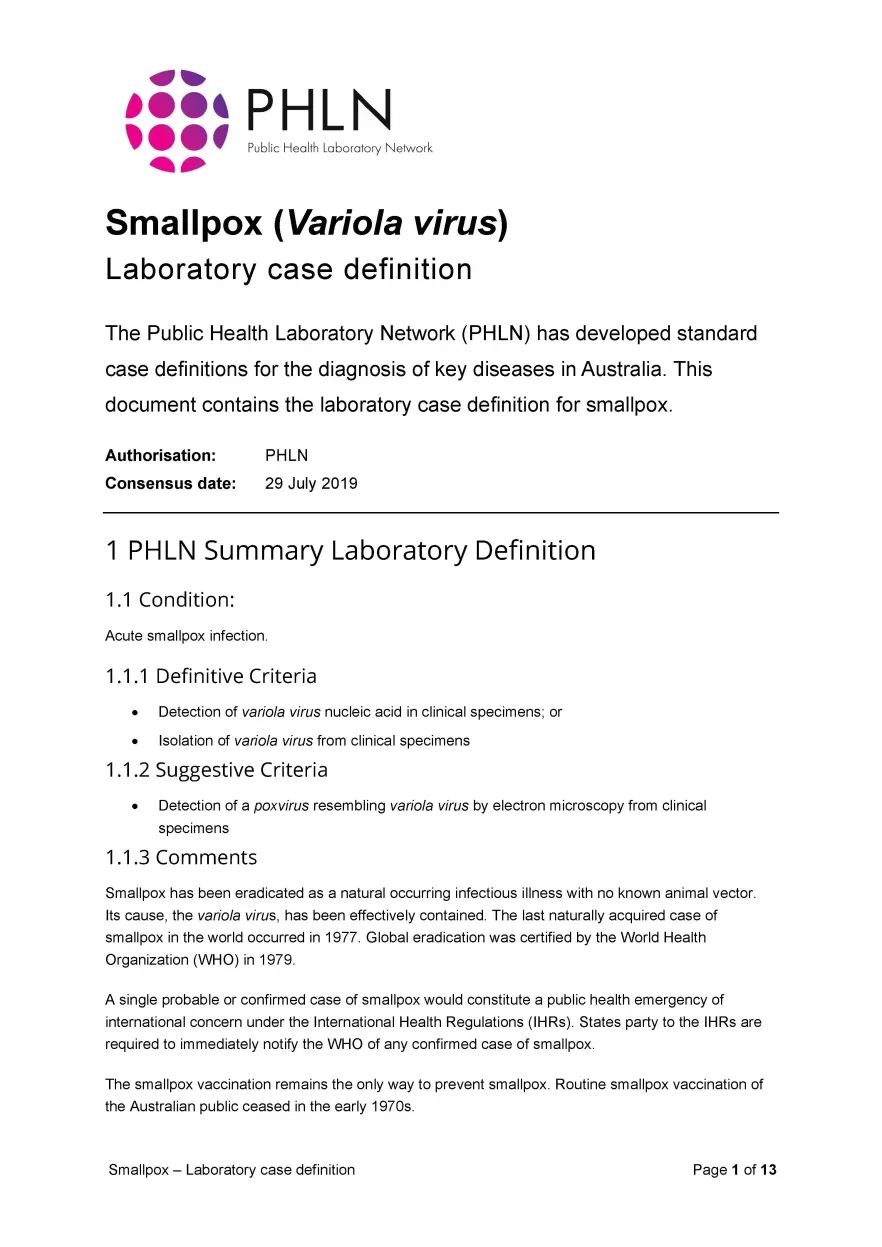 First page of laboratory case definition document