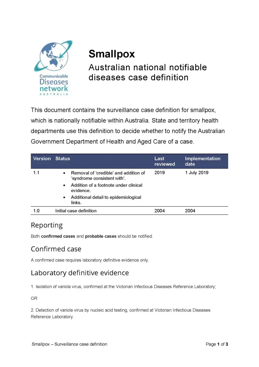 First page of surveillance case definition document