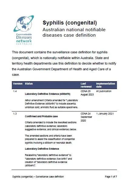 First page of surveillance case definition document