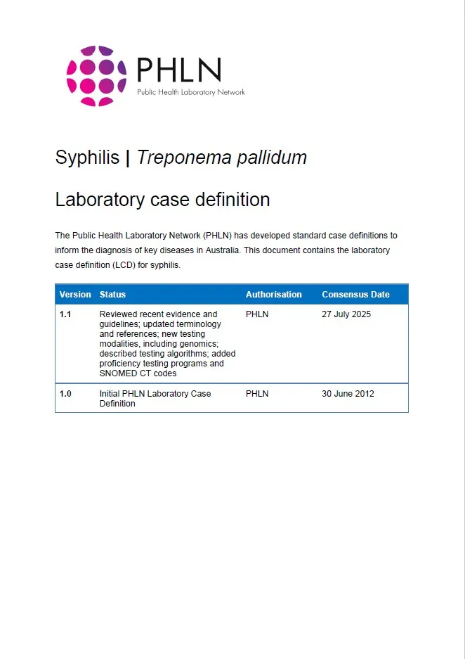 First page of laboratory case definition document