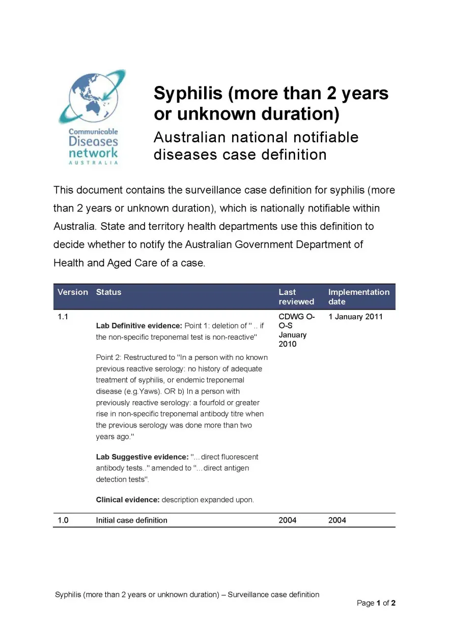 First page of surveillance case definition document