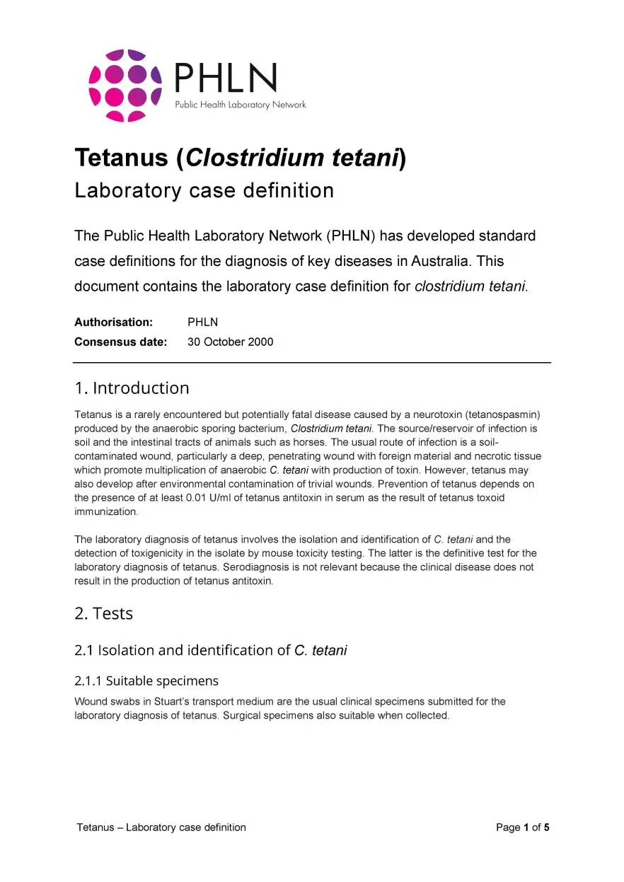 First page of laboratory case definition document
