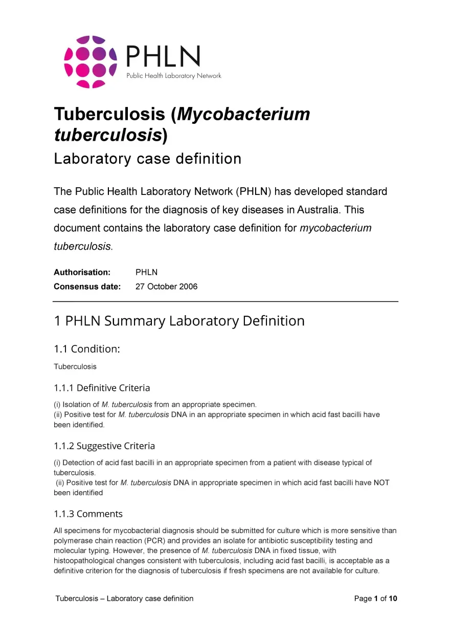 First page of laboratory case definition document