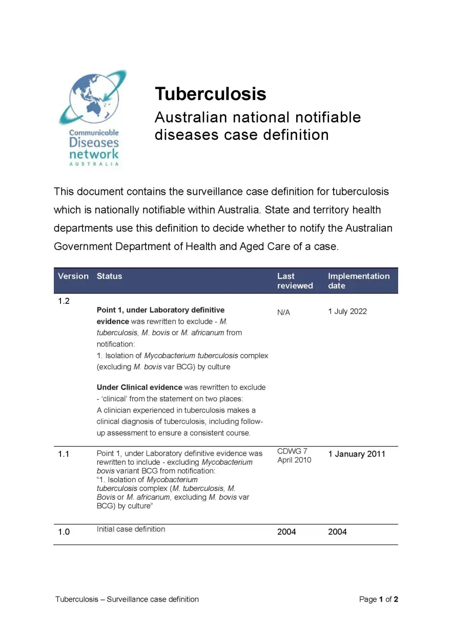 First page of surveillance case definition document