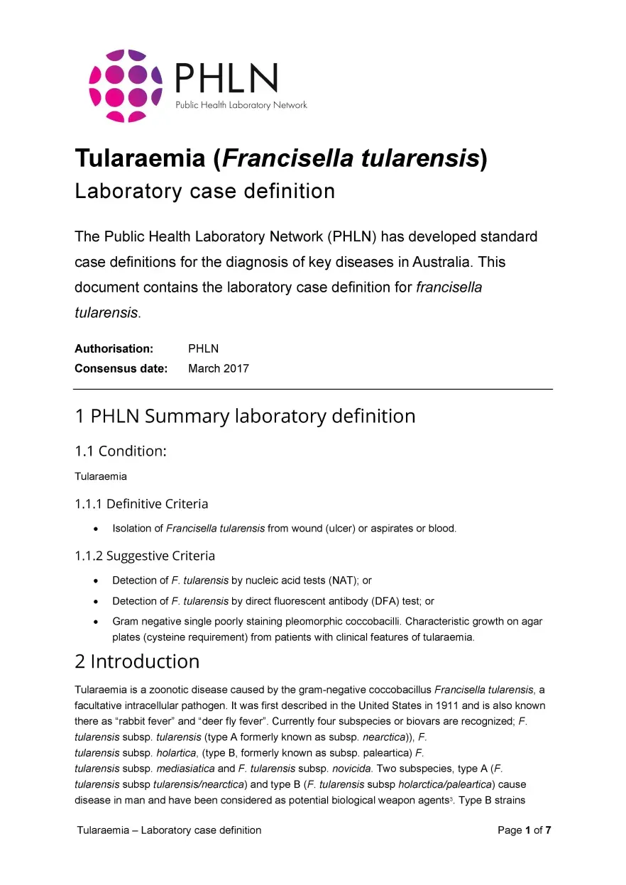First page of laboratory case definition document