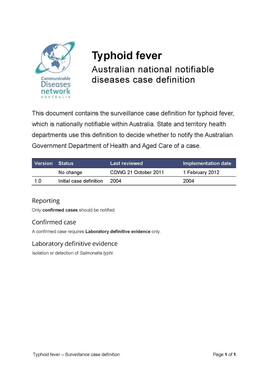 First page of surveillance case definition document
