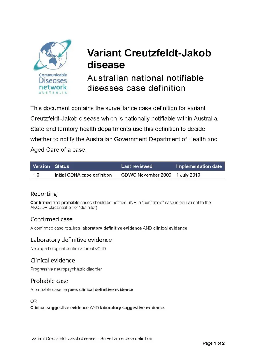 First page of surveillance case definition document