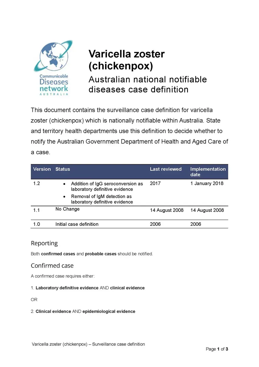 First page of surveillance case definition document