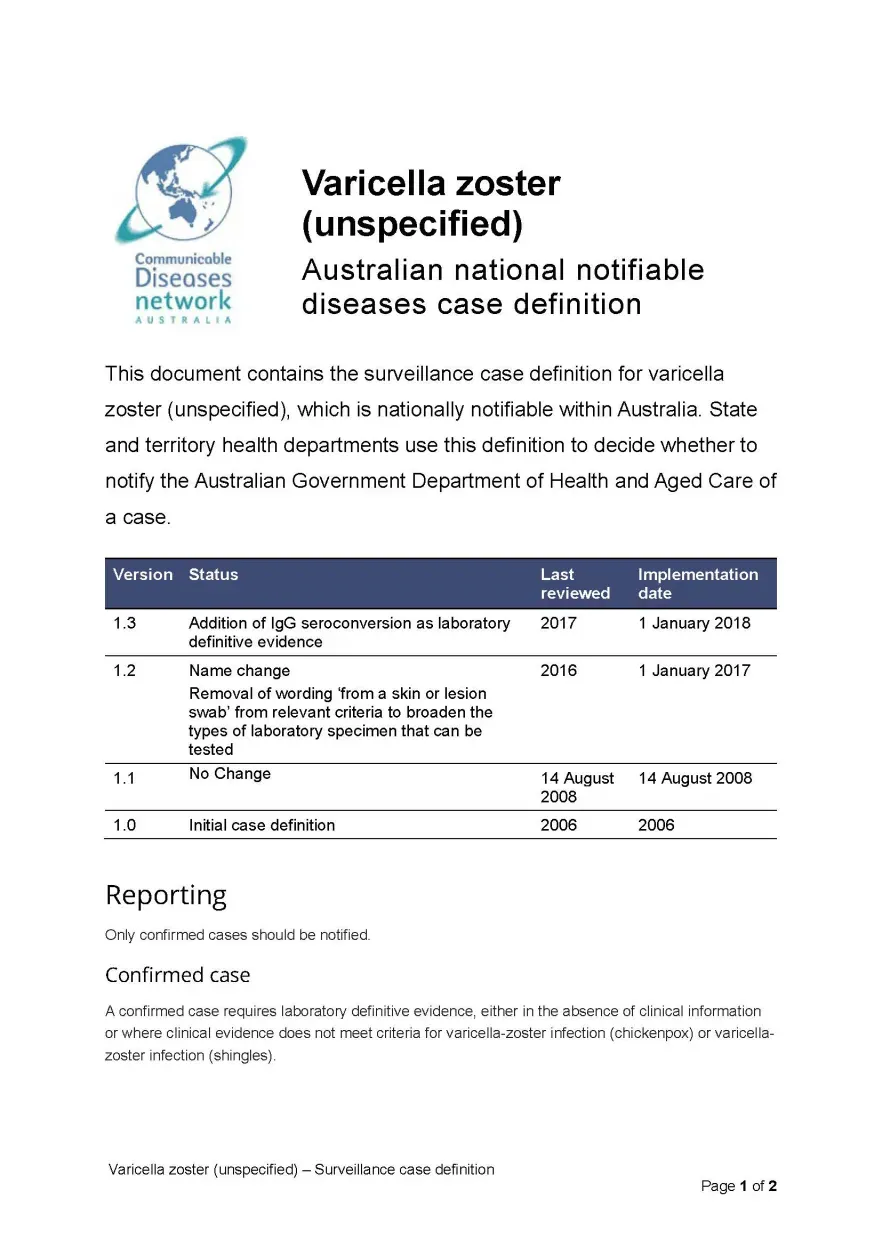 First page of surveillance case definition document