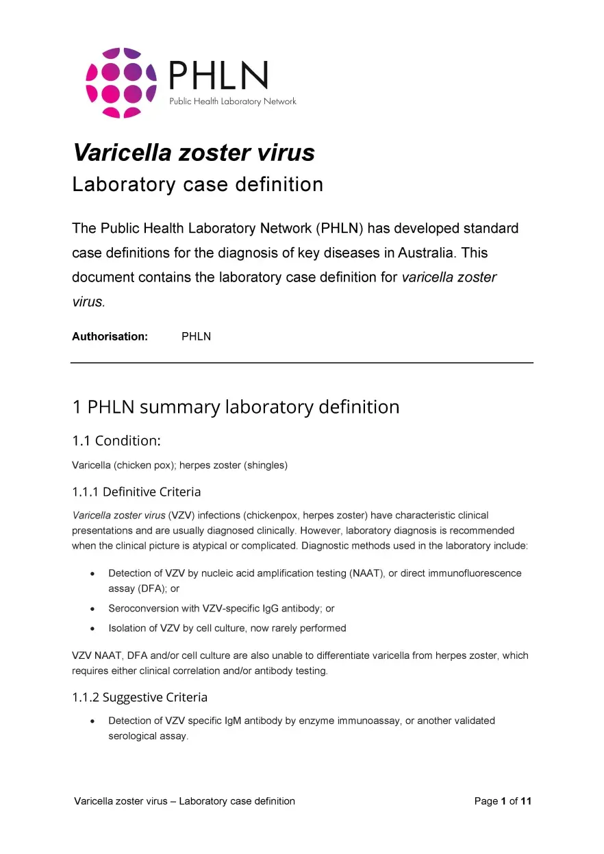 First page of laboratory case definition document