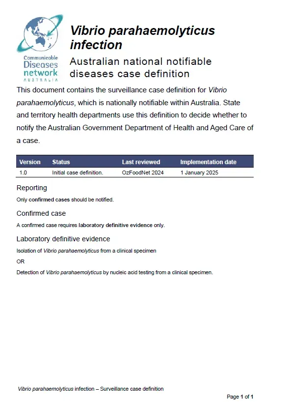First page of surveillance case definition document