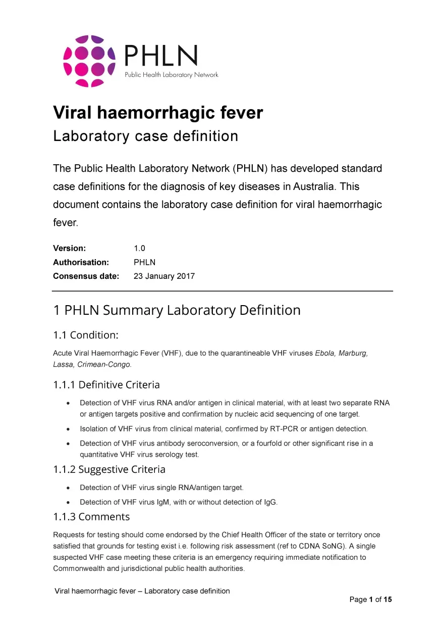 First page of laboratory case definition document