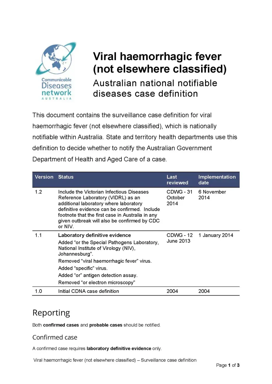 First page of surveillance case definition document
