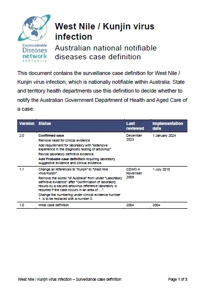 First page of surveillance case definition document