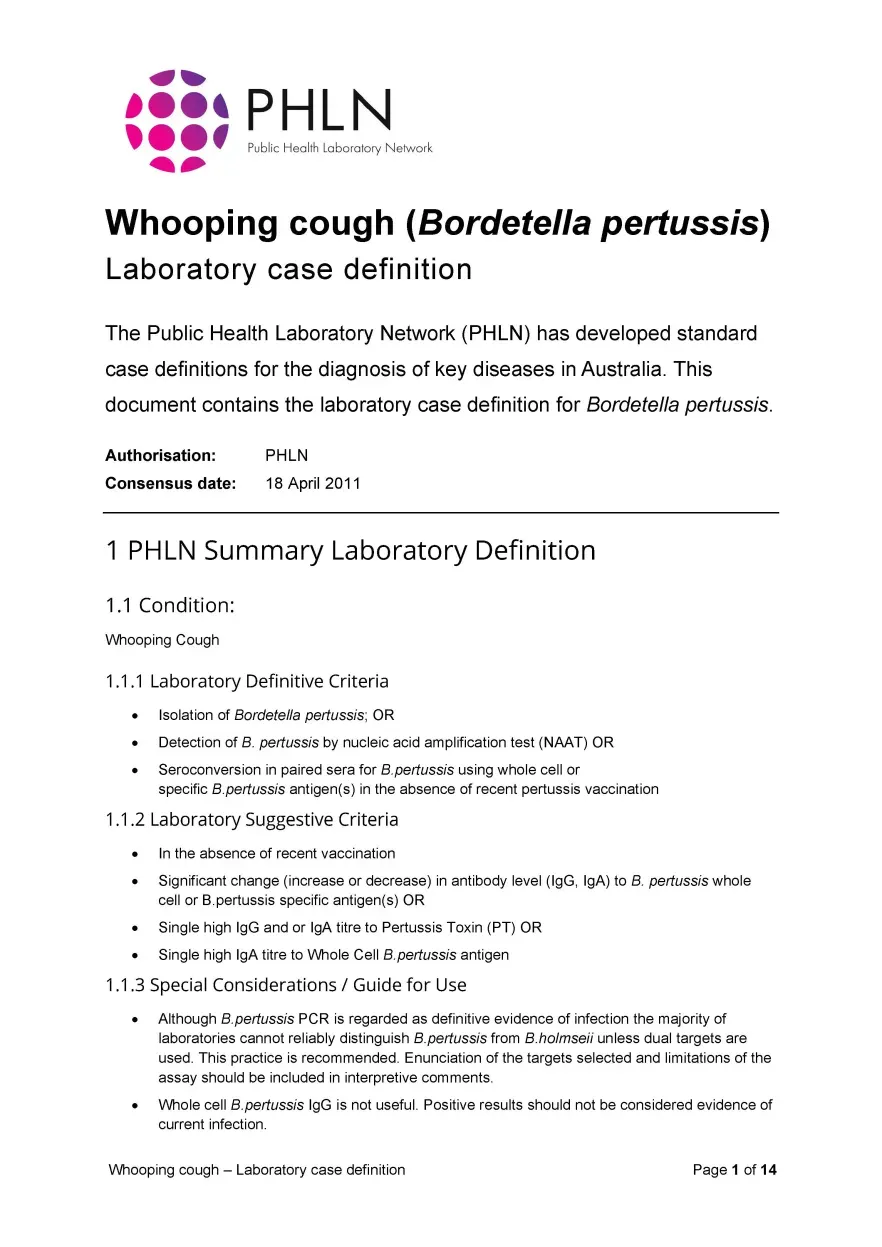 First page of laboratory case definition document