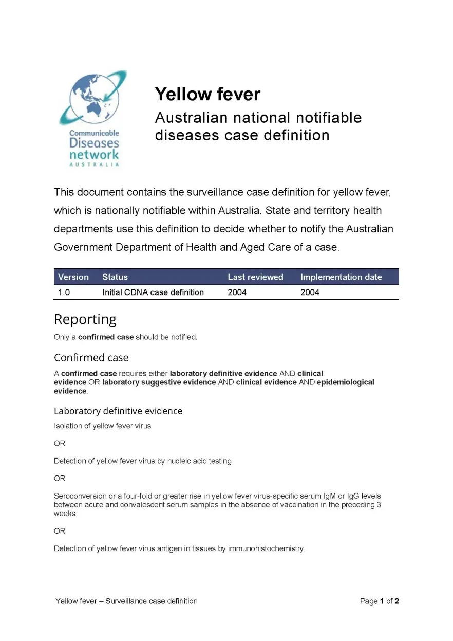Yellow fever surveillance case definition first page