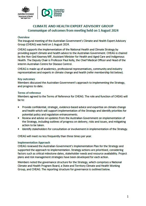 Climate and Health Expert Advisory Group (CHEAG) communique – 1 August 2024