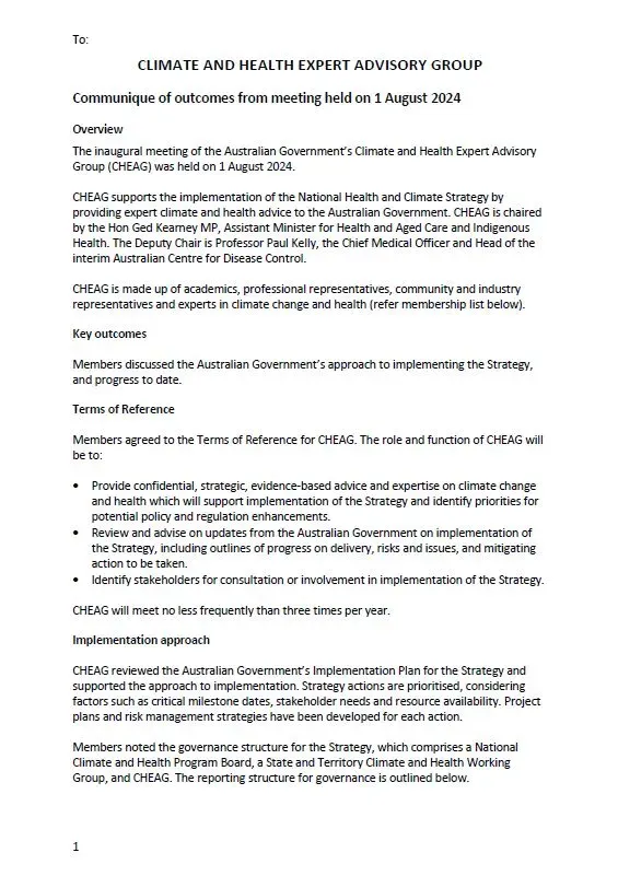 Climate and Health Expert Advisory Group (CHEAG) – Communiques