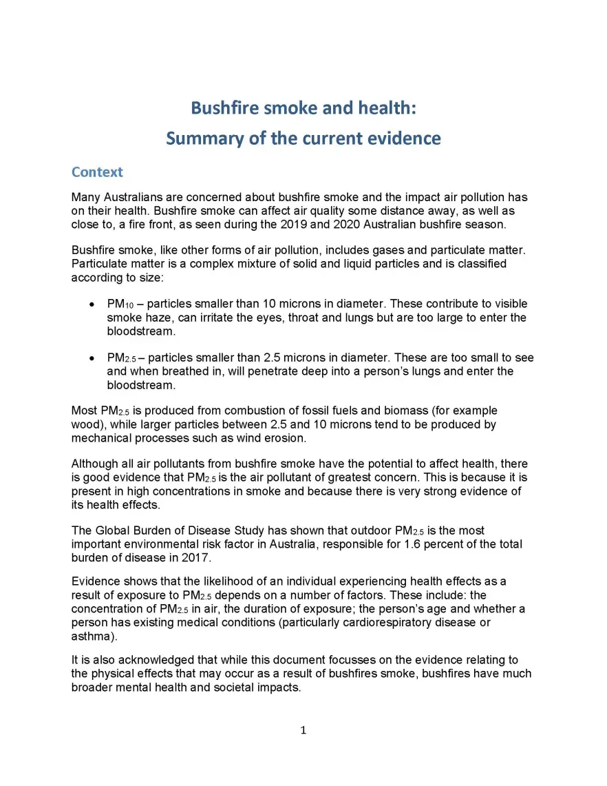 enHealth guidance – Bushfire smoke and health – Summary of the current evidence