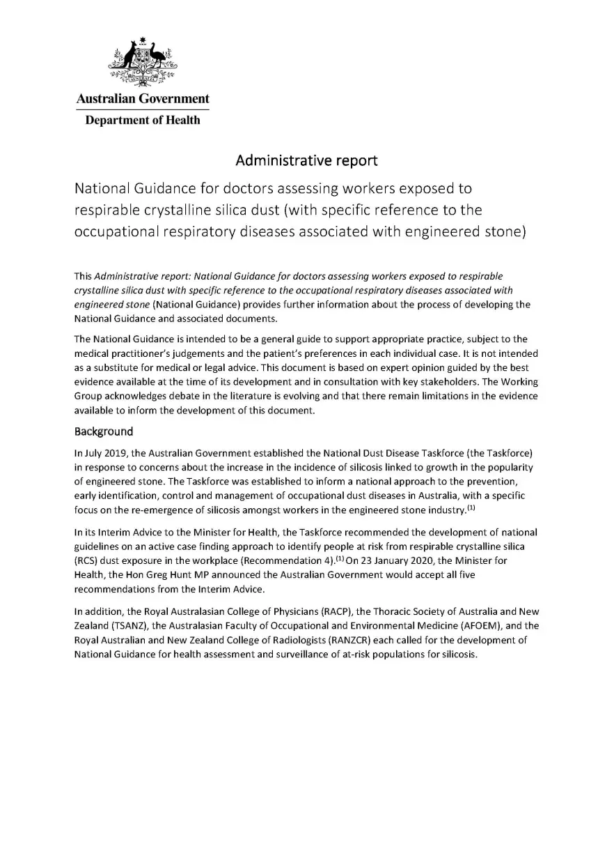 National guidance for doctors assessing workers exposed to respirable crystalline silica dust – Administrative report