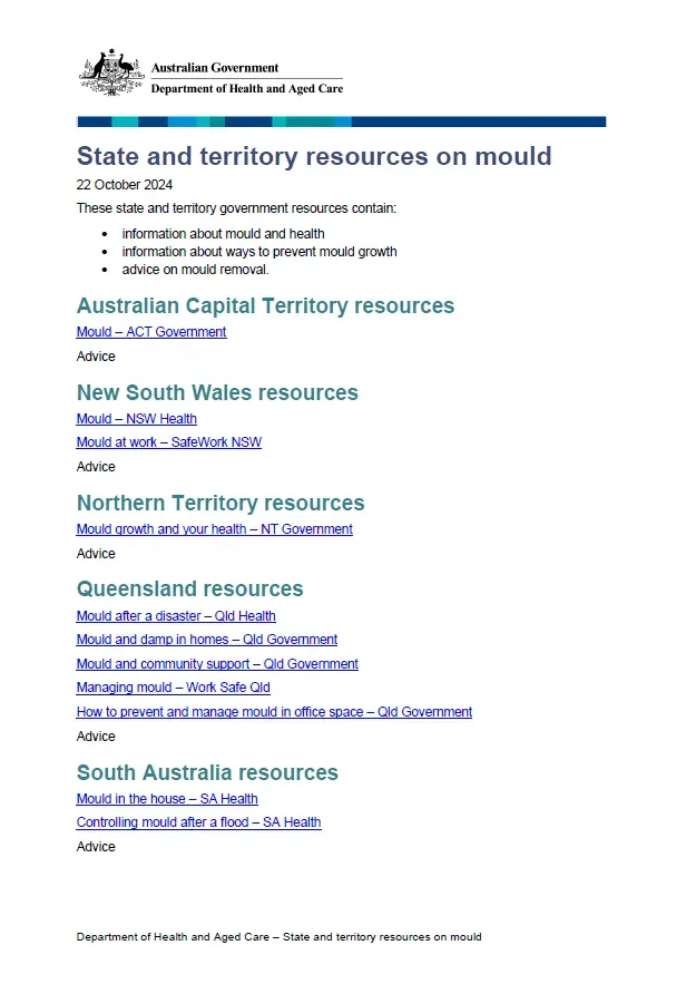State and territory resources on mould